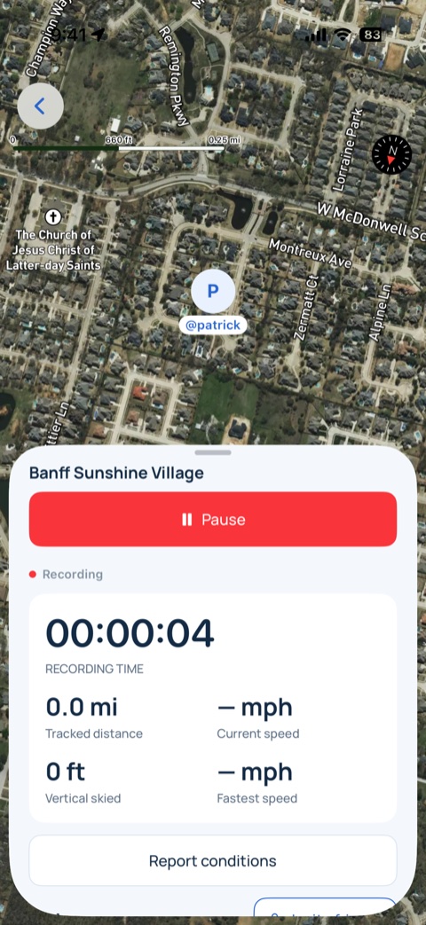 Snowpack ski session recording screen